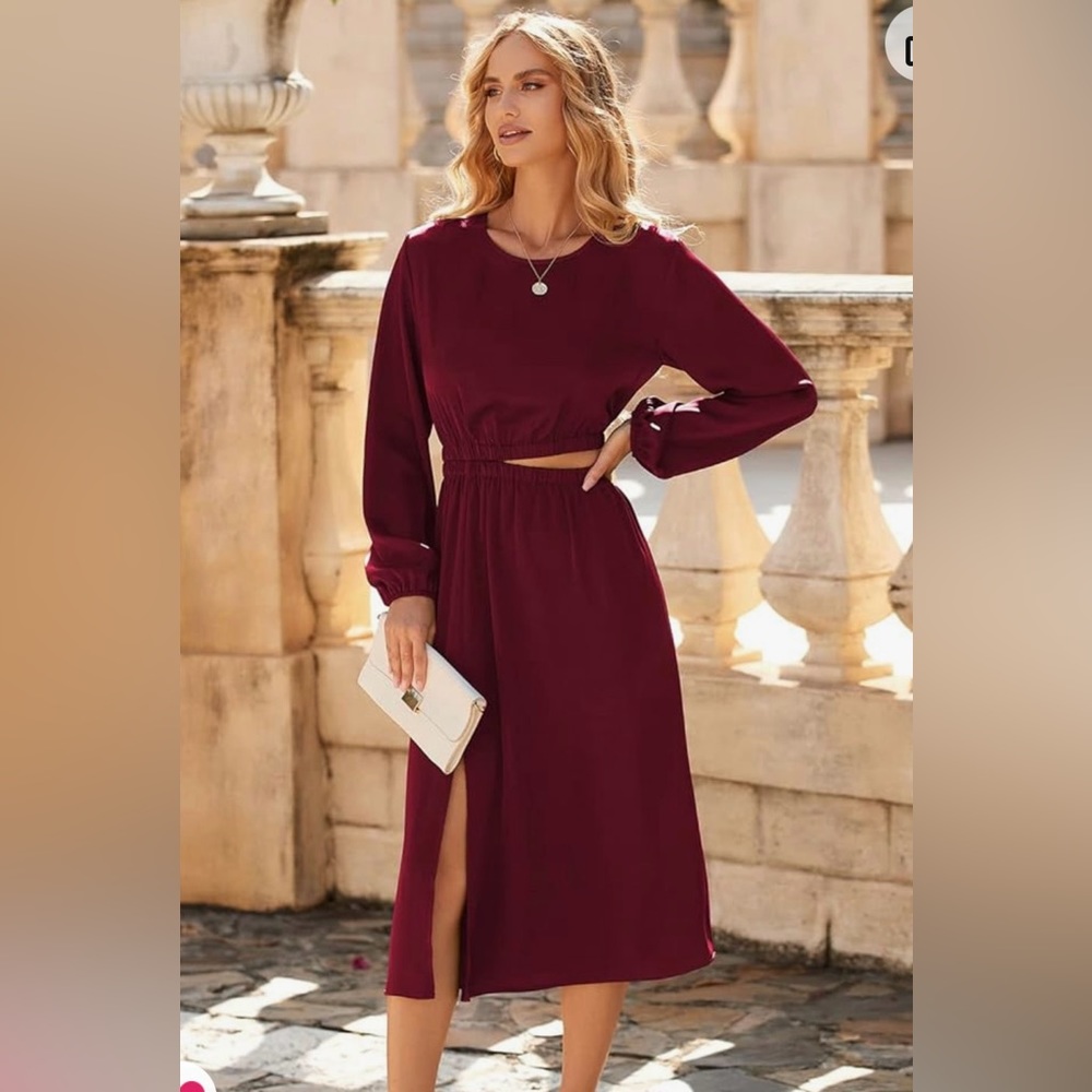 Midi satin cutout dress, wine. Sz M. NWT